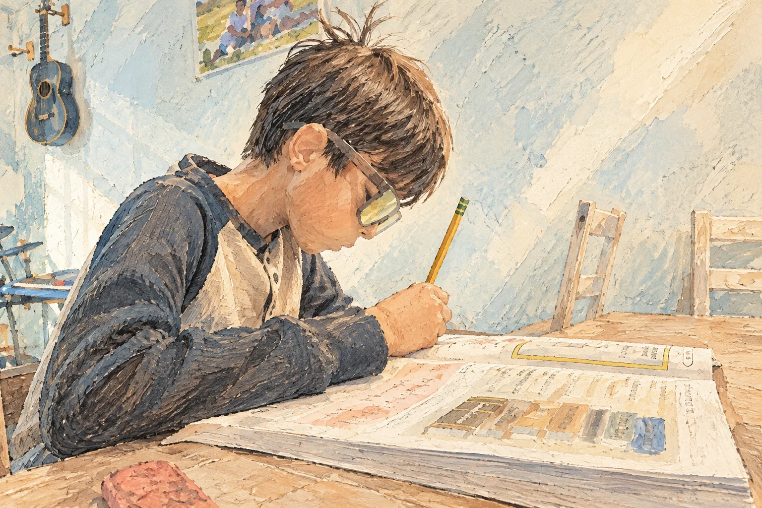 Painterly illustration of a boy with glasses writing in a workbook at a wooden table