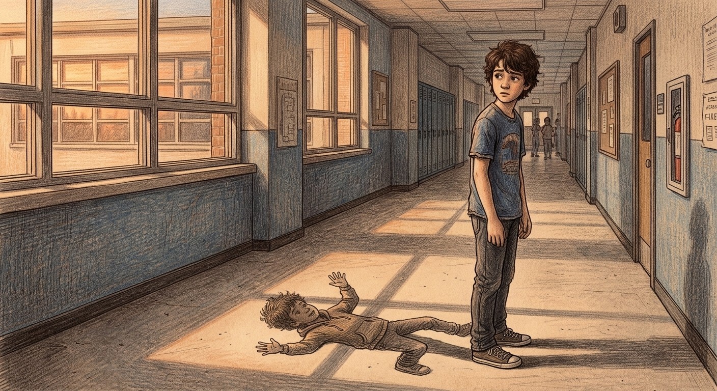 Colored-pencil illustration of an older boy standing watchfully in a school hallway while his younger brother lies happily on the floor in a patch of sunlight