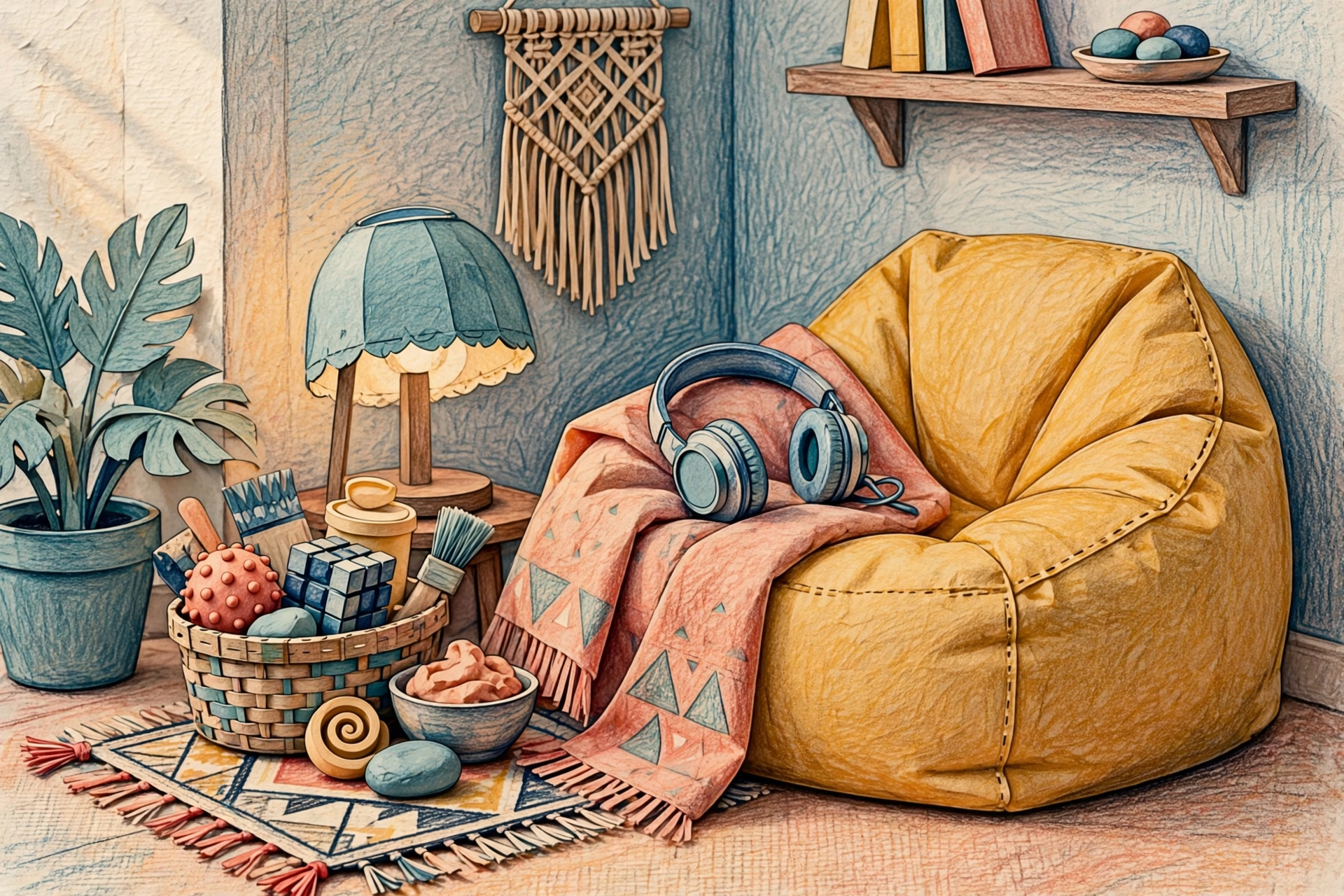 Illustrated quiet corner with headphones, a beanbag, and soft light