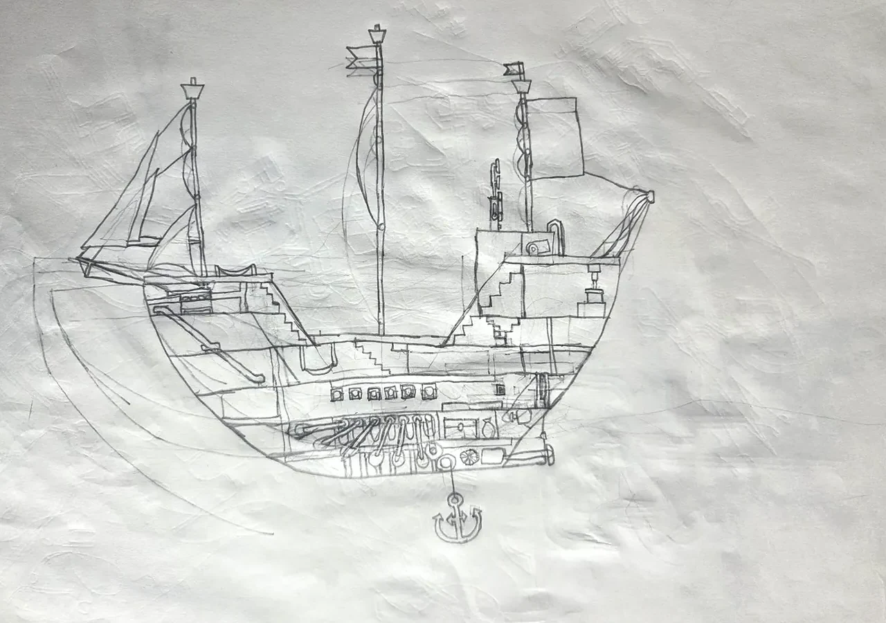 Child's cutaway drawing of a sailing ship with decks, stairs, anchor, cannons, and rigging