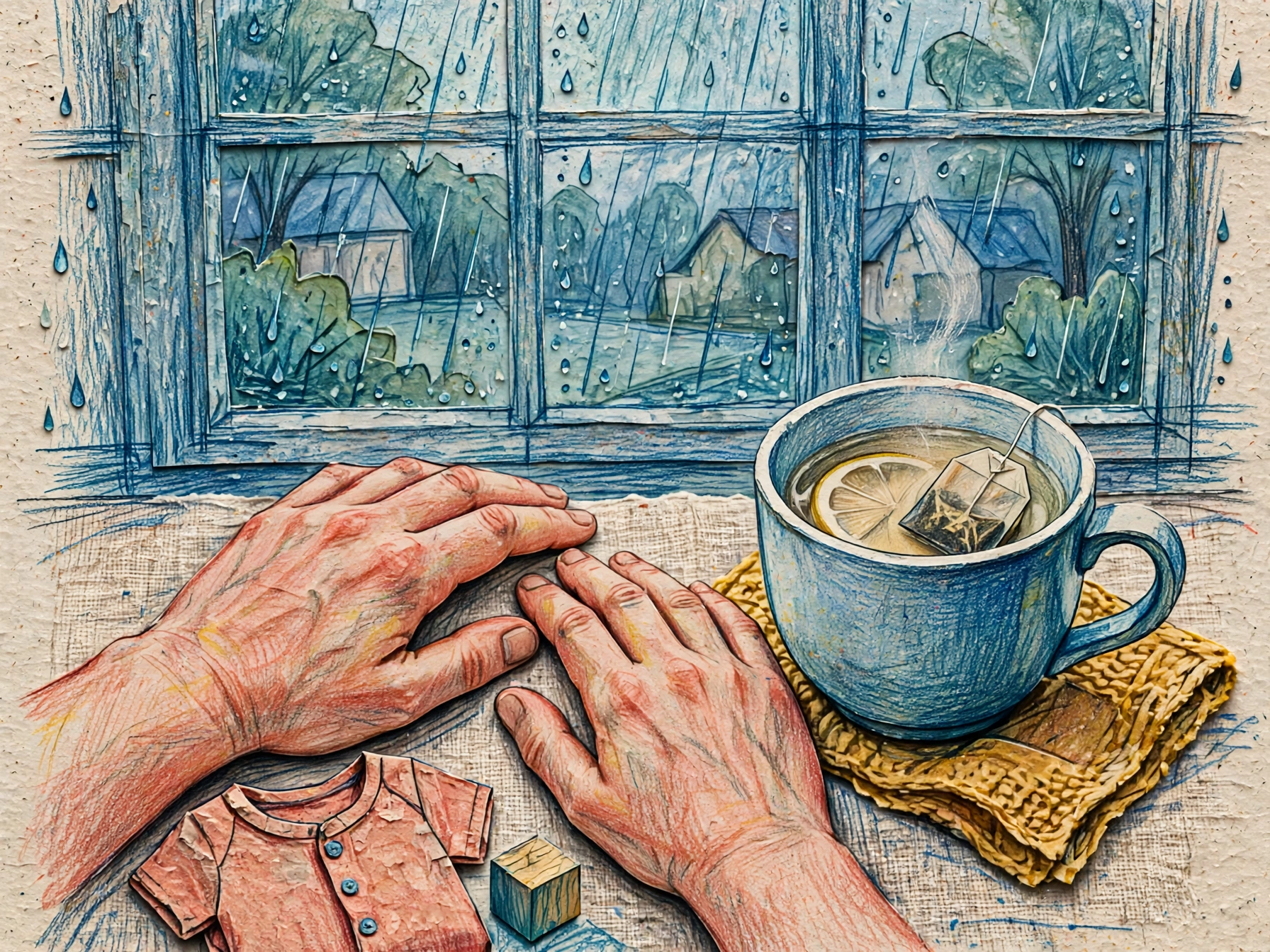 Illustrated hands resting beside tea near a rain-streaked window