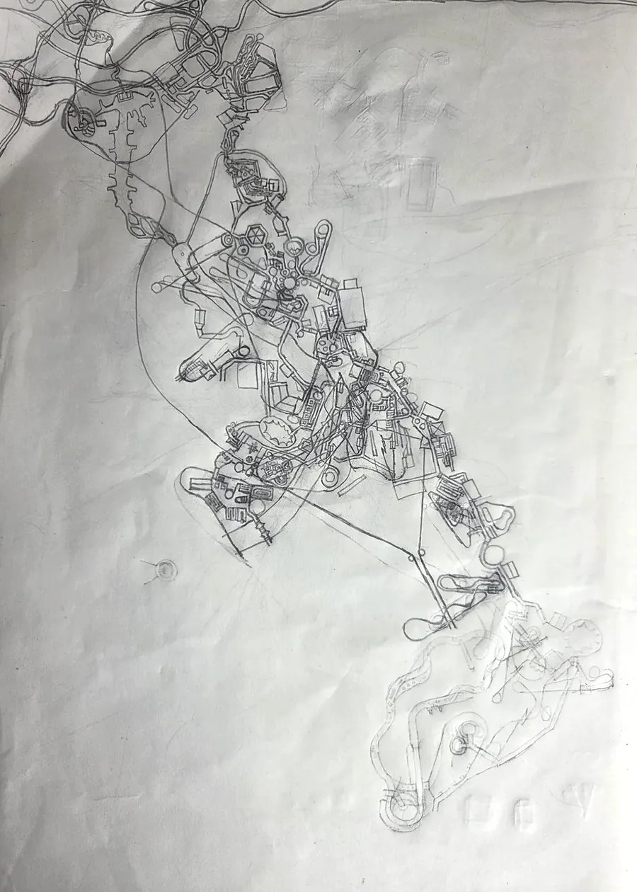 Child's unfinished pencil master plan for an amusement park with rides, buildings, and pathways