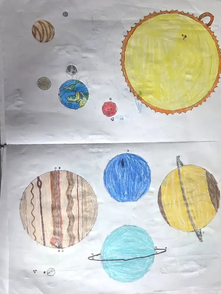 Child's drawing of the sun, planets, rings, and moons
